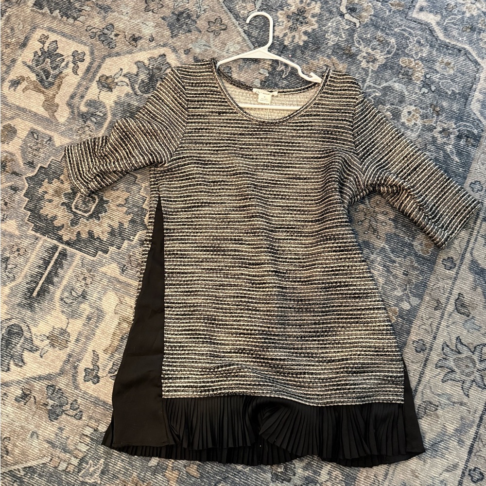 Striped Black and White Dress with Pleated Hem